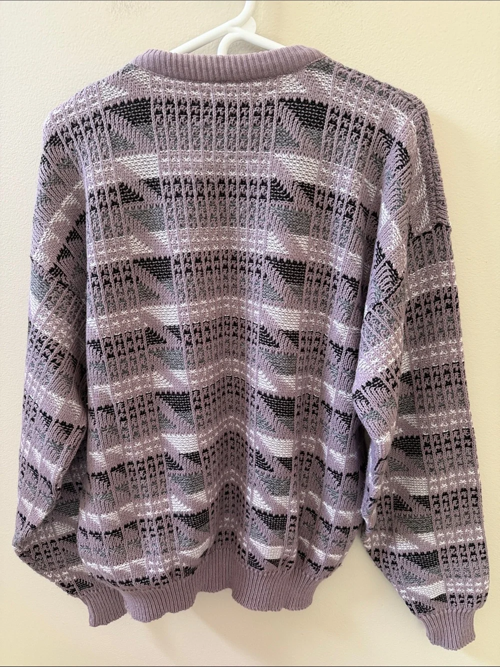 Vintage 90s Men's Purple, Black, Grey Abstract Patterned Crewneck Sweater, Sz M